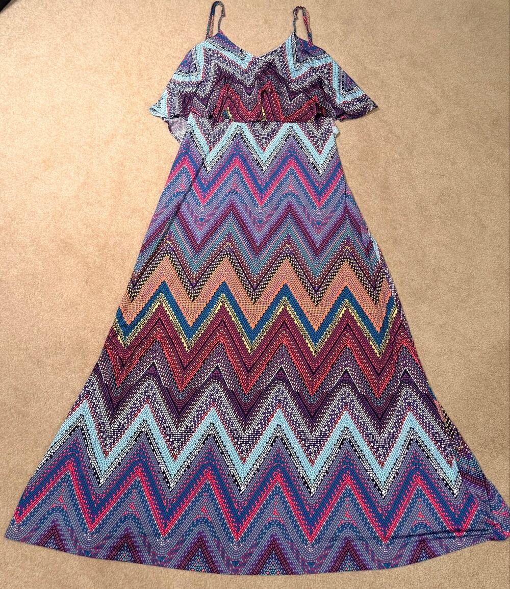 Veronica M Womens Maxi SZ XS Multicolor Geometric Zig Zag Chevron Ruffle dress